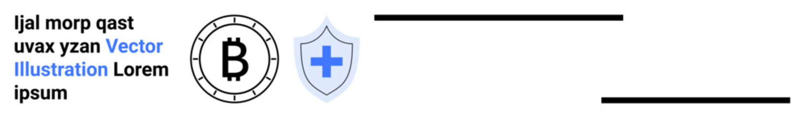 Bitcoin symbol inside a circle, a shield with a cross, a sample text in various fonts, and black lines. Ideal for cryptocurrency, healthcare security, sample design, modern layouts, business