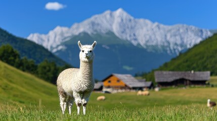 Fototapeta premium Llama grazing in a serene alpine landscape mountain region wildlife photography daylight natural beauty