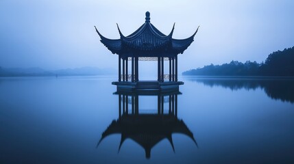 Serene Pavilion Reflection on a Tranquil Lake