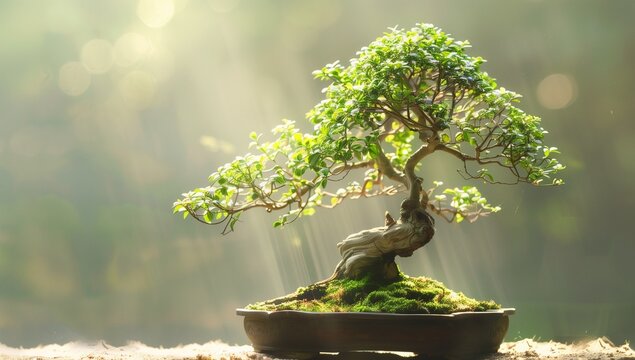 A bonsai tree growing in sunlight, symbolizing growth and resilience.
