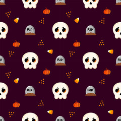 Skull cartoon so cute. On grave pumpkin candy purple background. Happy Halloween. Pattern seamless vector illustration. 
