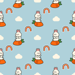 Rabbit cartoon so cute. On carrot cloud rainbow light blue background. Pattern seamless vector illustration. 