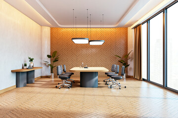 Modern office meeting room with wooden details, large table, chairs, and natural light through glass windows. 3D Rendering