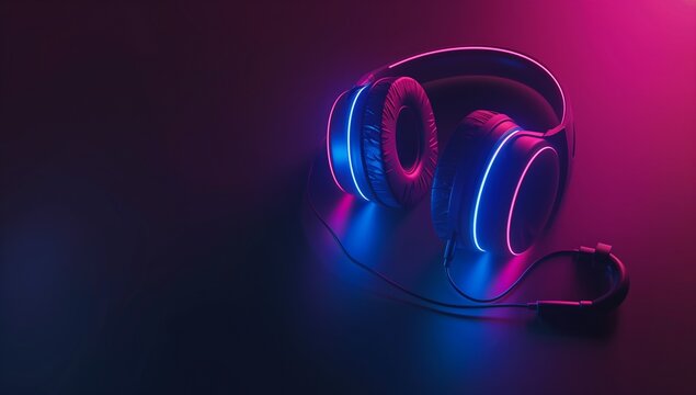 Gaming headphones against a backdrop of neon light, in shades of dark blue and pink.