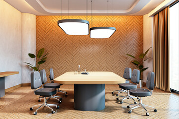 Modern conference room interior with a stylish table, chairs, and warm lighting, featuring a wooden herringbone wall and large windows. 3D Rendering