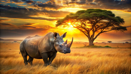 Fototapeta premium majestic rhinoceros stands in golden savanna at sunset, with large tree silhouetted against vibrant sky. scene captures beauty of wildlife in its natural habitat