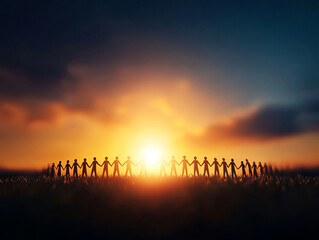 glowing circle of people holding hands at sunset symbolizes unity and harmony