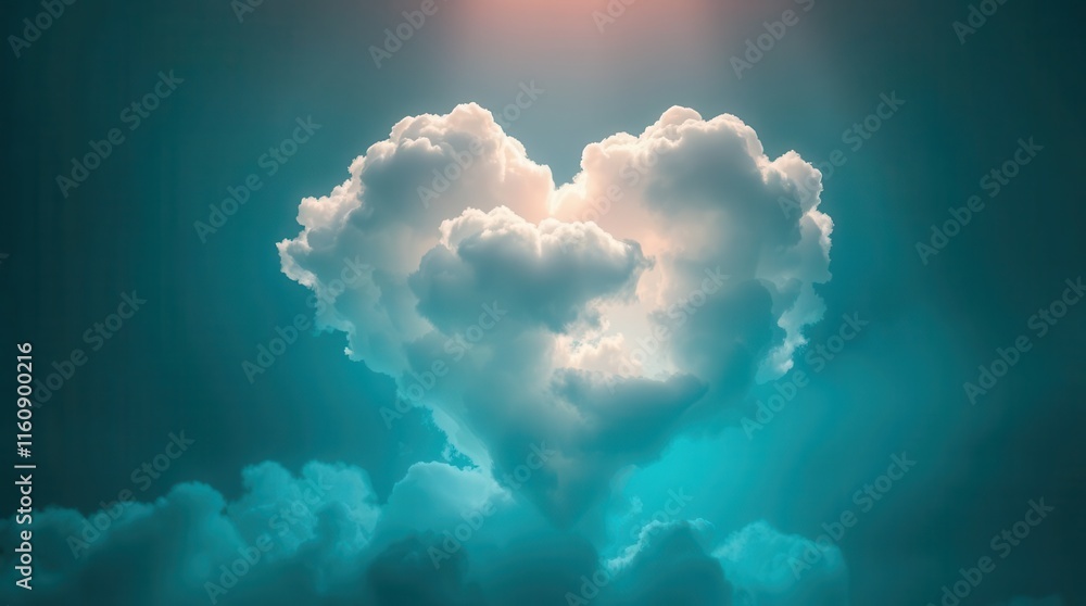 Poster a heart-shaped cloud formation illuminated by soft light, creating a serene and romantic atmosphere 