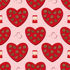 Seamless pattern with heart-shaped chocolate boxes and wedding ring box for Valentine's Day, vector.