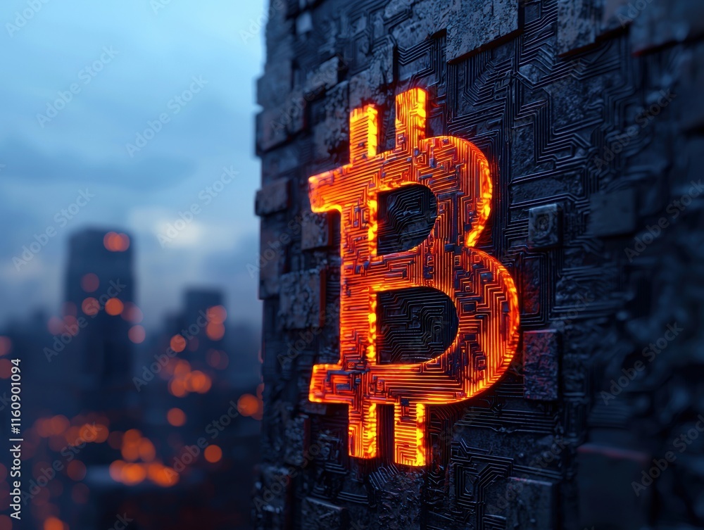Poster glowing bitcoin symbol on circuit board in urban setting at dusk