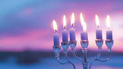Lit Candles on a Menorah Against a Purple Sunset