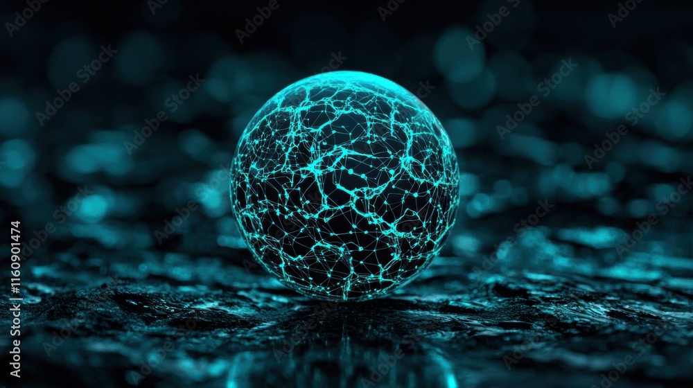 Poster glowing sphere with abstract network design on dark background