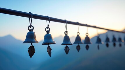 Row of Bells at Sunset in the Mountains