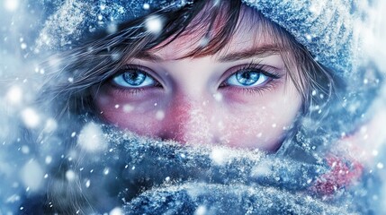 Close-up of a girl's face partially covered by a snowy scarf during a blizzard.