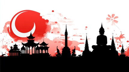 Silhouettes of Asian Religious Architecture with Watercolor Background