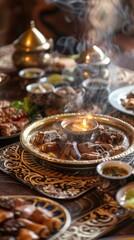 Fototapeta premium Aromatic Steaming Uzbek Cuisine: Traditional Plov and Delicious Dishes Served in Elegant Brassware