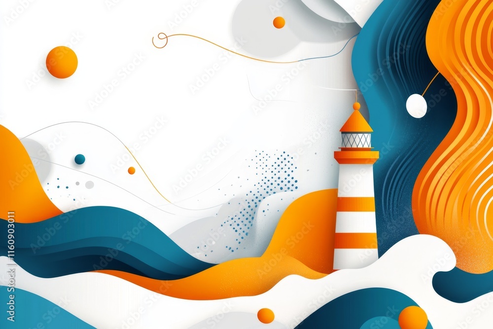 Poster A flat design of a lighthouse standing alone against crashing waves, with bold colors and simple shapes