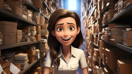 Happy woman in large warehouse.