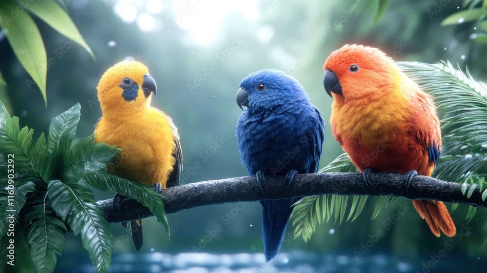 Poster three colorful parrots perched on a branch in a lush setting.
