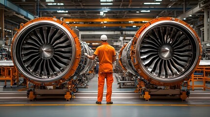 Engineer Supervising the Installation of Jet Engines in an Aerospace Manufacturing Production Line