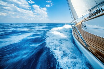 Sailing through vibrant blue waters, sunlight glimmers off waves