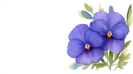 Watercolor Purple Pansy or Viola Tricolor Card Banner with Copy Space