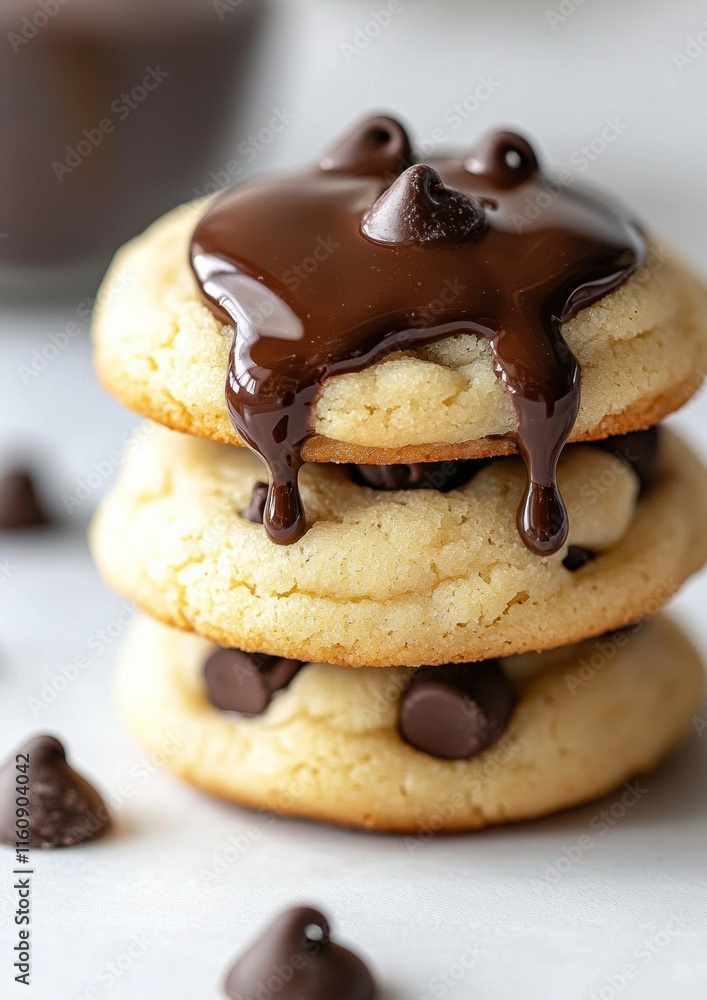 Poster a stack of chocolate chip cookies with chocolate drizzle on top