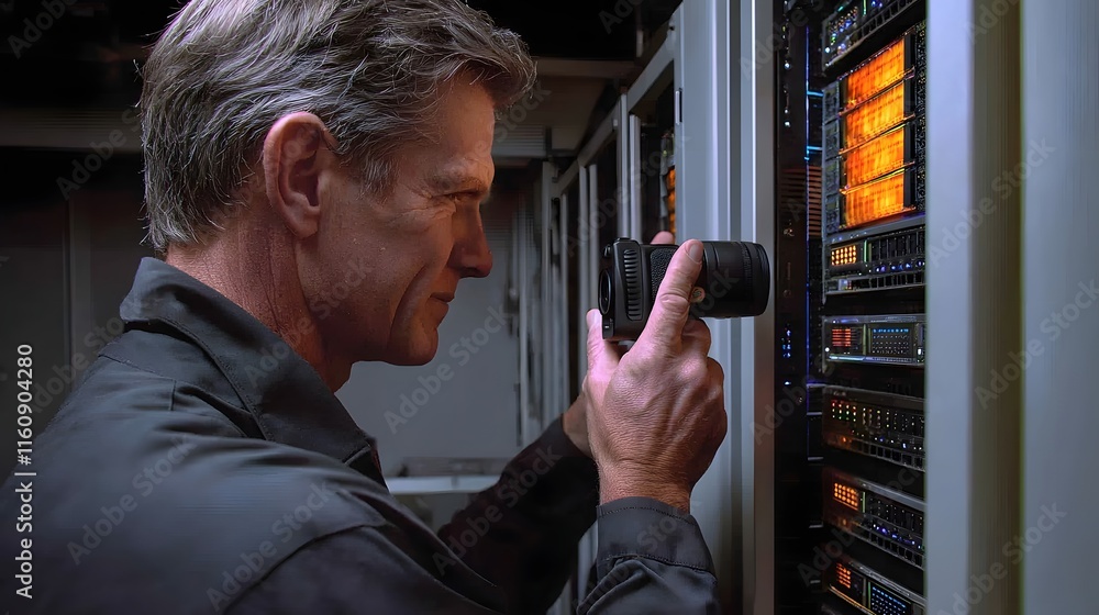 Poster engineer analyzing server heat levels with thermal imaging in data center environment