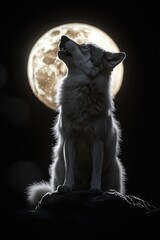 A wolf howling on Full moon blending its soul into the moon, hyperrealistic illustration spirit guide animal concept
