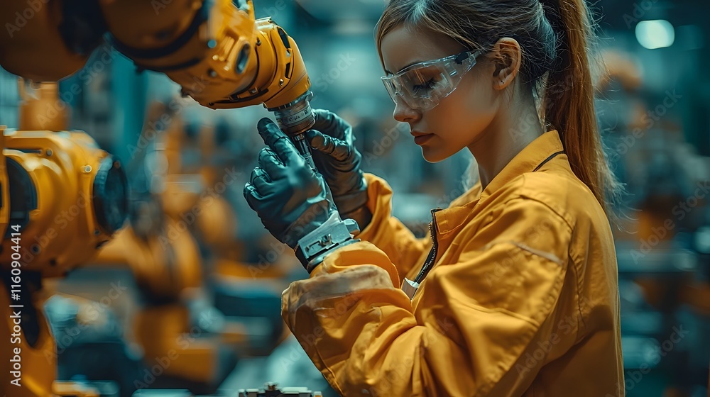 Poster Close up of a factory worker adjusting the grip mechanism of a robotic arm on an automated assembly line
