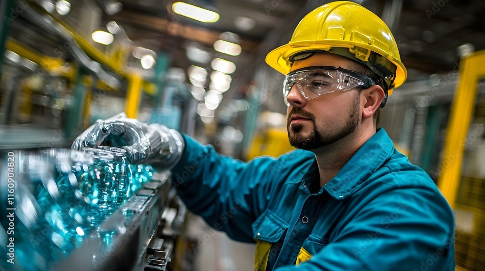 Poster engineer in blue coverall inspecting and optimizing the efficiency of a robotic arm in an automated 