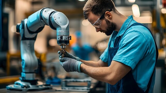 Male worker wearing blue uniform and gloves carefully adjusting the grip mechanism of a robotic arm on an assembly line in a modern industrial factory setting