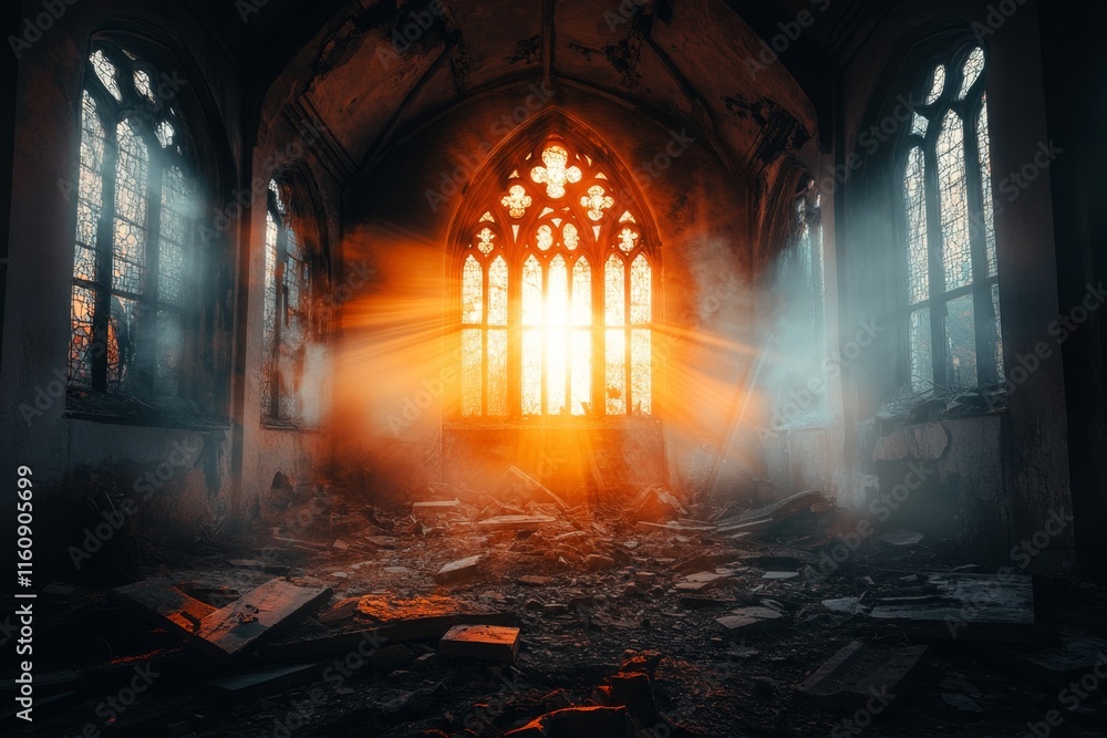 Poster a gothic depiction of a shattered cathedral window with light streaming through, symbolizing impactf
