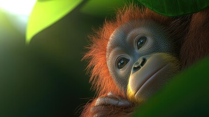 Fototapeta premium Orangutan exploring lush rainforest wildlife photography tropical environment close-up perspective conservation awareness