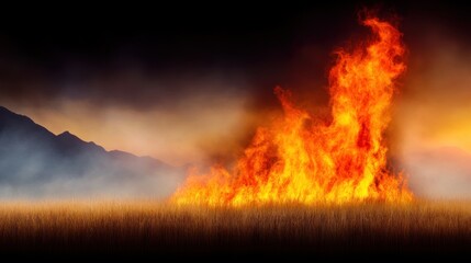 A blazing fire in a grassy landscape with mountains in the background.