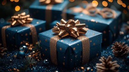 An image featuring blue gift boxes tied with golden bows and ribbons, positioned on a blue surface alongside stars.