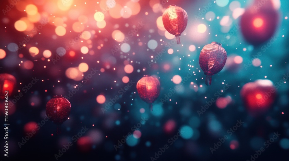 Poster glowing red lanterns floating in a dark blue and red bokeh background.