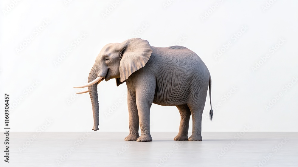 Poster a realistic 3d model of an elephant standing on a plain surface.