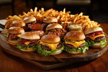 Platter of mini burger sliders on a wooden board with melted cheese, fresh lettuce, cherry tomatoes, sesame seed buns, and side condiments, fries in the background in a bright appetizing setting