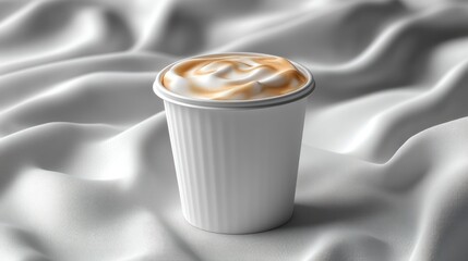 Creamy cappuccino in a disposable cup on a white fabric background.