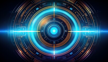 Obraz premium Cybernetic Core: A mesmerizing digital art illustration of a glowing blue core encased in a intricate circular framework, radiating futuristic energy and technological prowess.