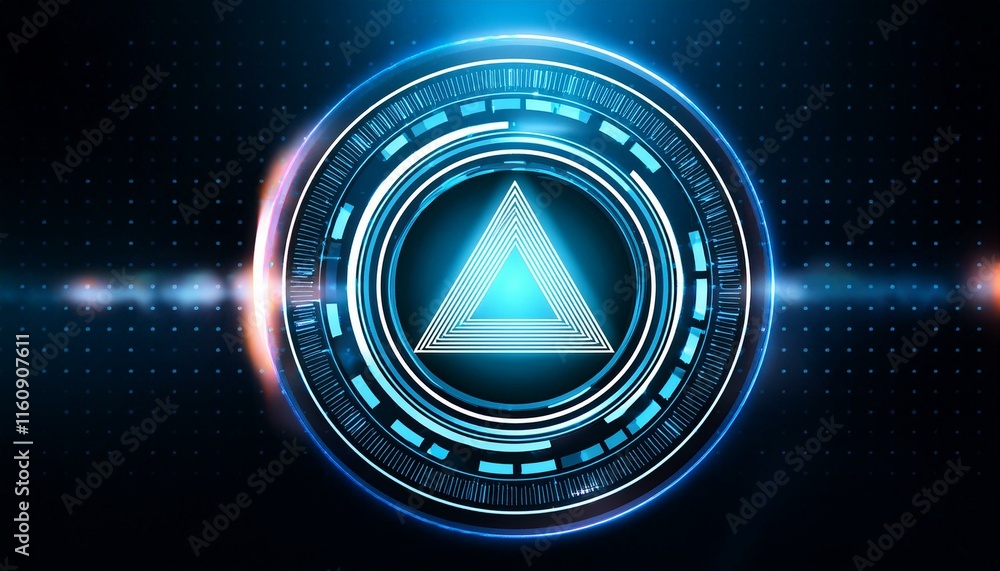 Poster cybernetic triangle: futuristic digital interface with a glowing triangle symbol at its core, encirc