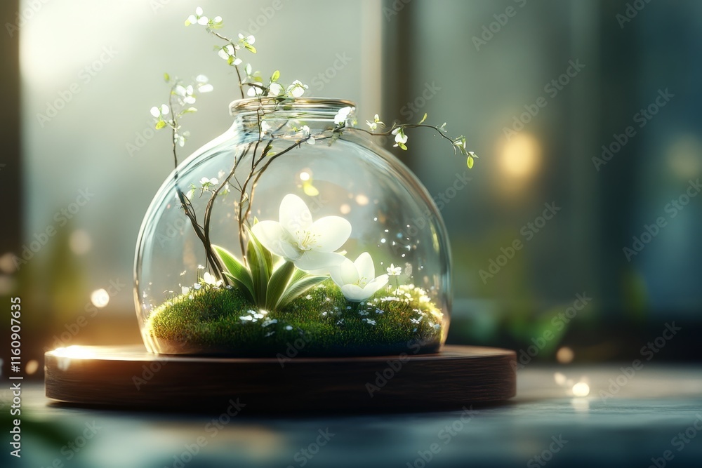Poster a magical ikebana arrangement with flowers glowing softly and vines that appear to move, set in an e