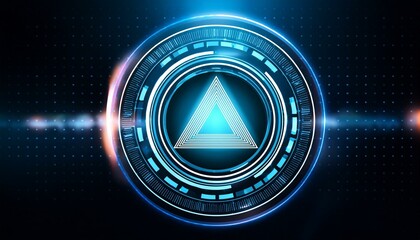 Cybernetic Triangle: Futuristic digital interface with a glowing triangle symbol at its core, encircled by concentric rings of vibrant blue light, suggesting technological innovation and advancement.