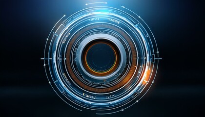 Futuristic Tech Interface: Abstract circular HUD graphic with glowing blue and orange elements on dark background.  Perfect for tech, science fiction, and innovation concepts.
