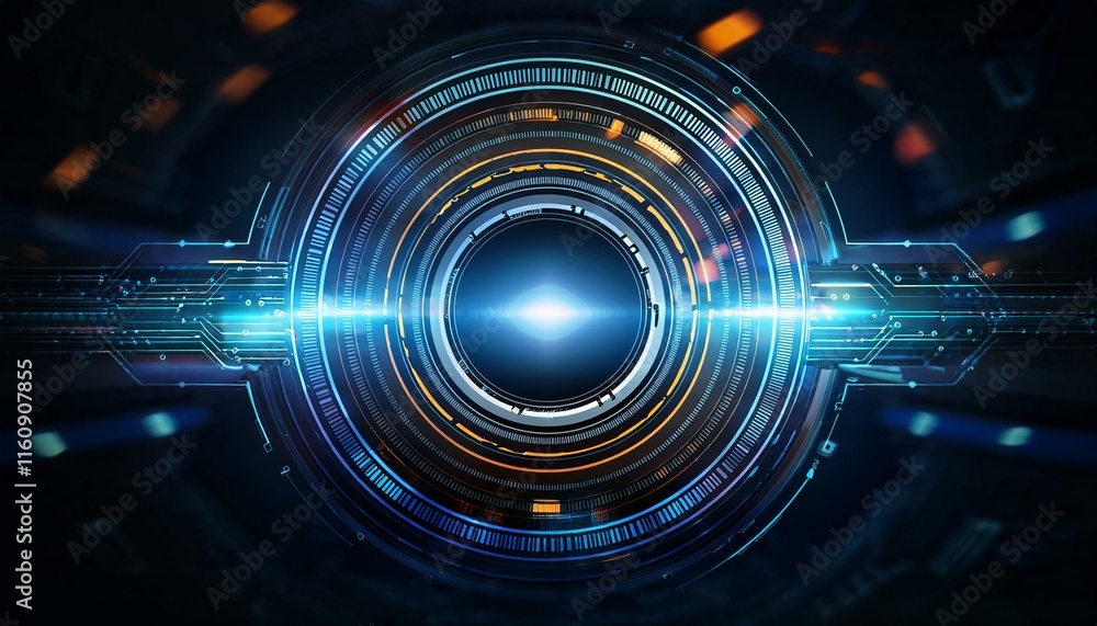 Poster cybernetic core: a mesmerizing abstract image depicting a glowing blue circular core, radiating ener