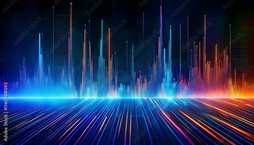 Poster abstract data stream: vibrant, multicolored light streaks converge and diverge, creating a dynamic, 