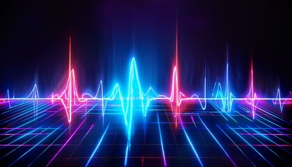 Neon Pulse: Abstract digital art depicting vibrant pink and blue neon light waves, resembling a heartbeat or soundwave, pulsating rhythmically on a dark gridded background.  
