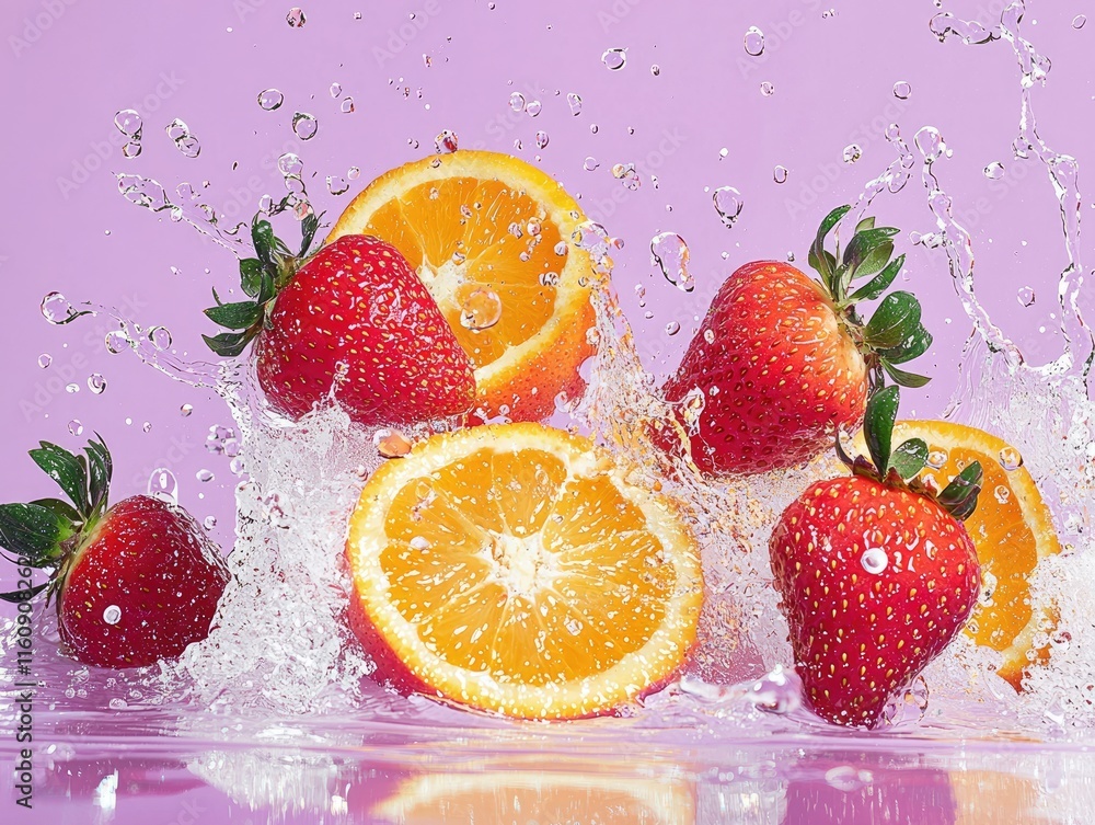 Poster fresh strawberries and oranges splashing into clear water with colorful purple background creating a