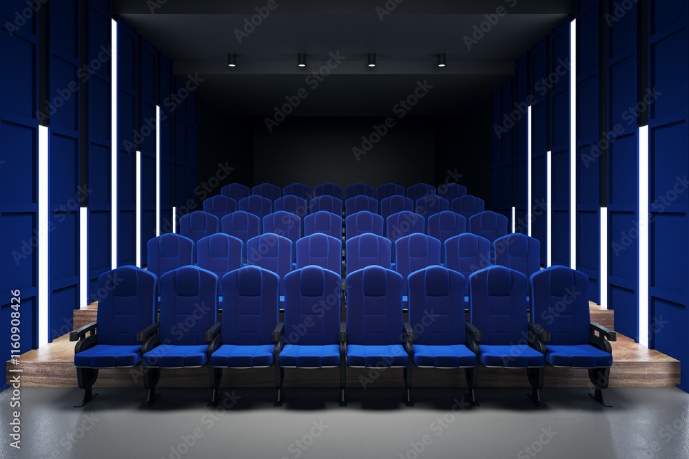 Poster modern cinema hall interior with empty blue seats and illuminated walls in a dark room, front view. 